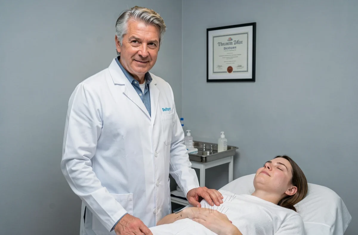 Acupuncteur senior en blouse blanche debout auprès d'un patient avec des aiguilles posées sur la main dans un cabinet à Belfort