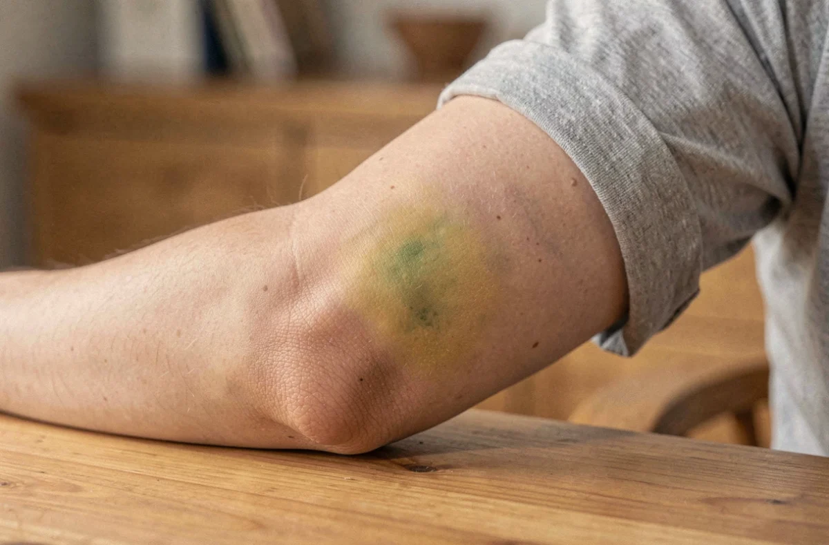 Gros plan d'un hématome en cours de résorption sur le bras avec nuances jaune-vert caractéristiques