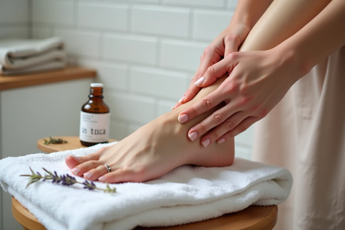 Gros plan de mains massant une jambe gonflée avec de l'huile d'arnica pour un remède maison drainant