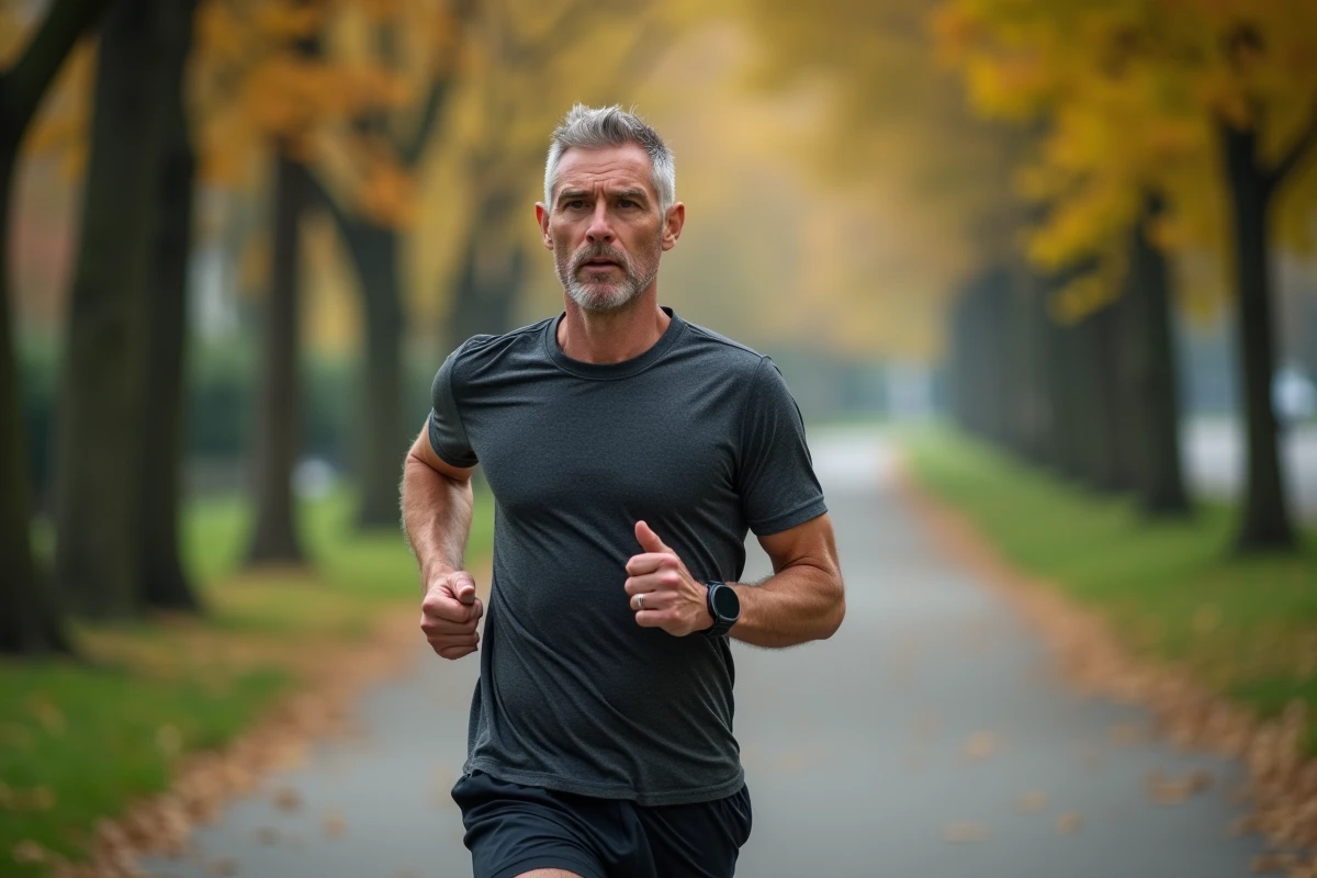 Homme de 45 ans faisant du jogging dans un parc pour accélérer sa perte de poids après 40 ans