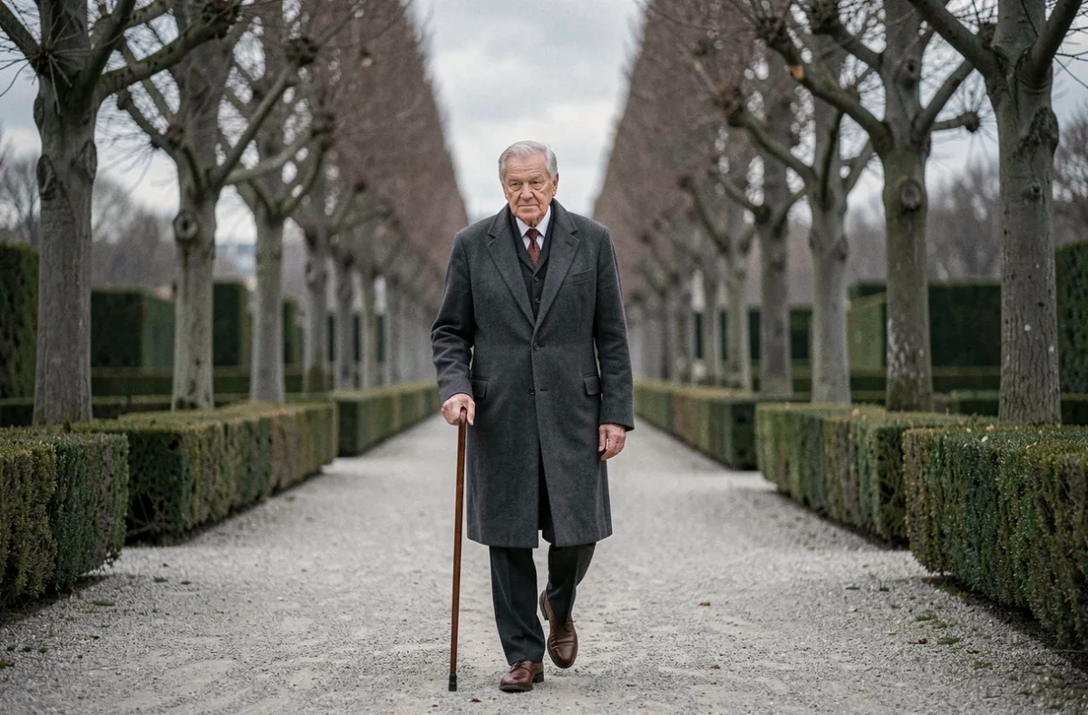 Homme âgé marchant seul dans une allée d'un jardin formel parisien, atmosphère de réflexion et de sérénité