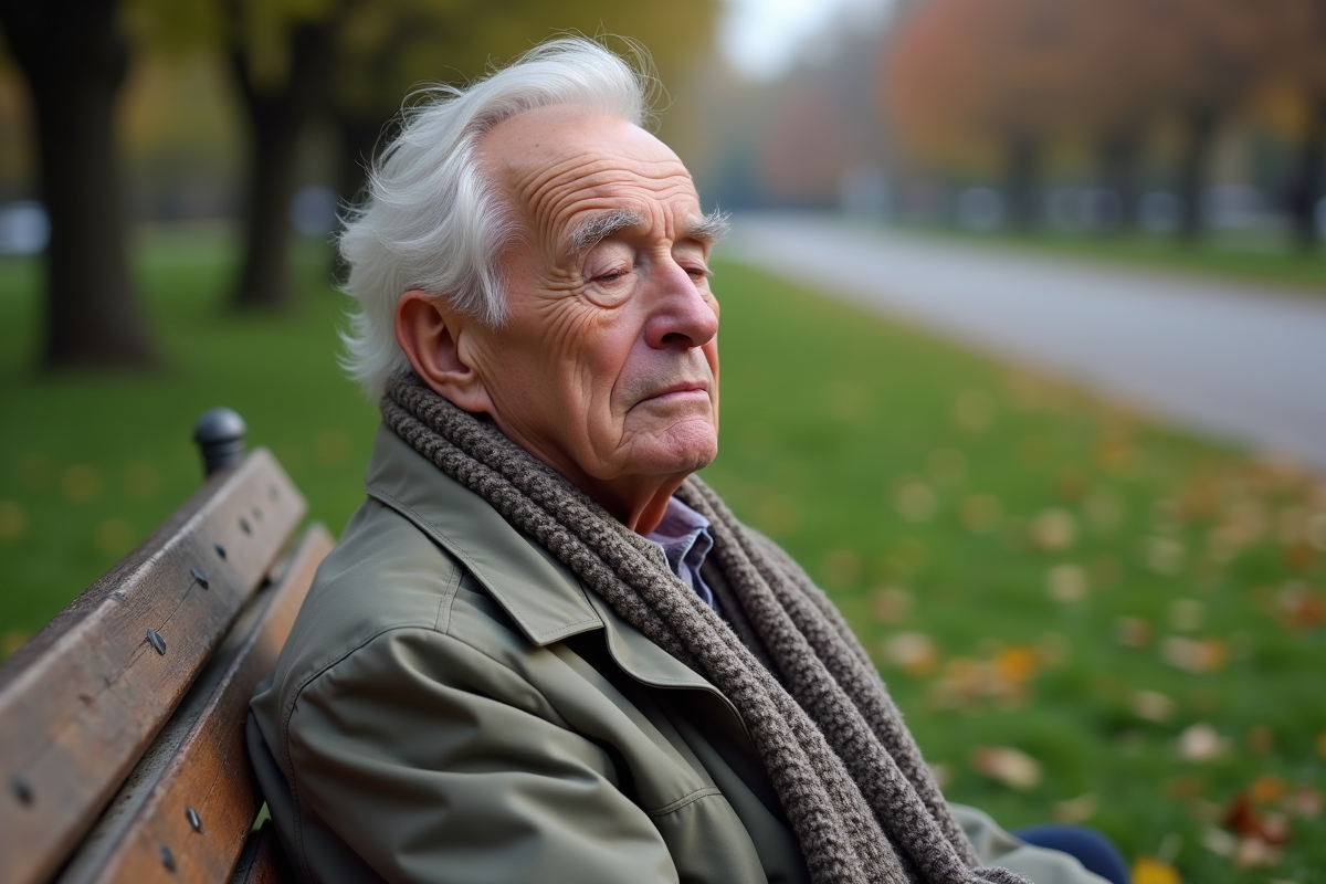 Homme age assis sur un banc de parc en contemplation
