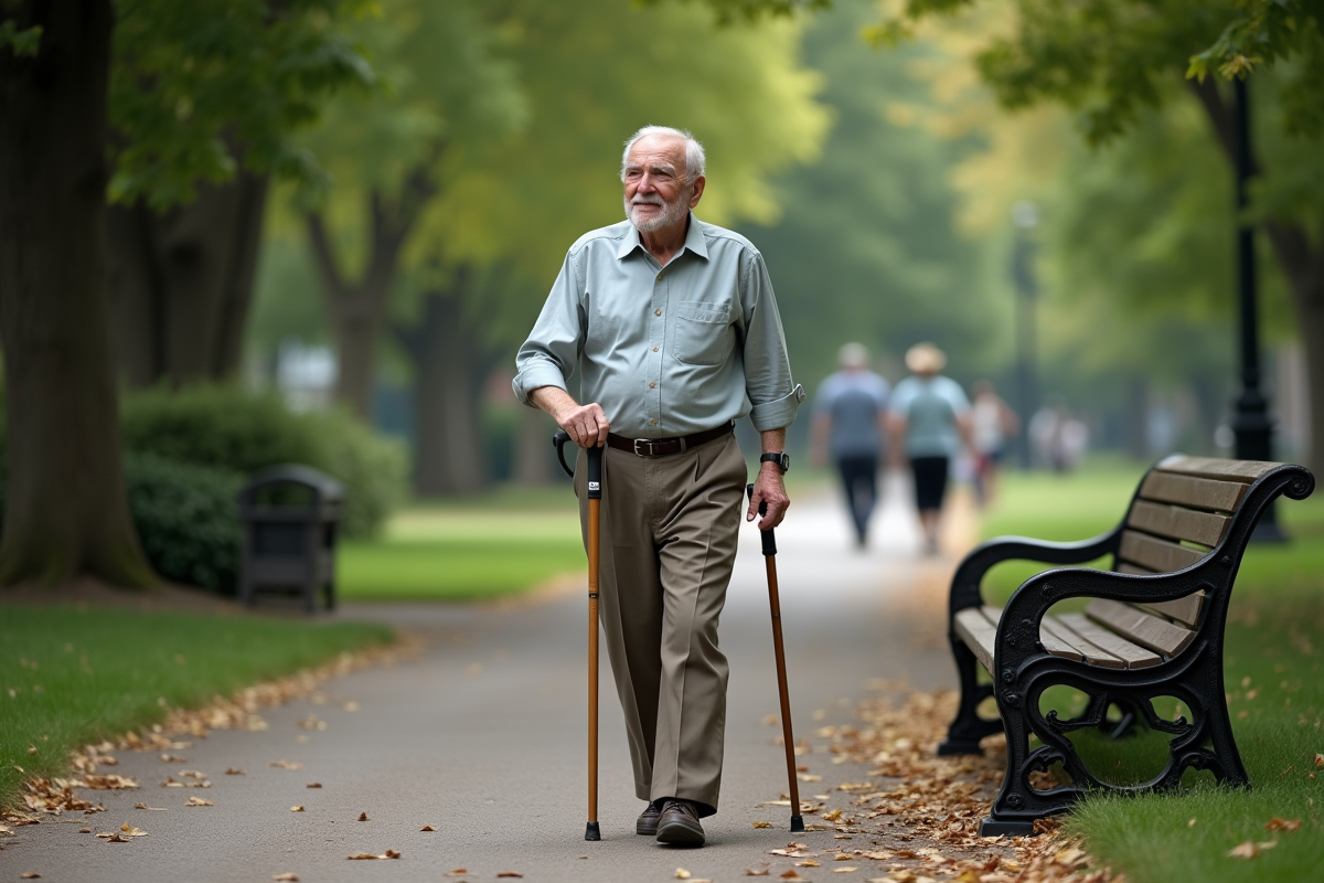 Homme âgé marchant dans un parc avec une canne