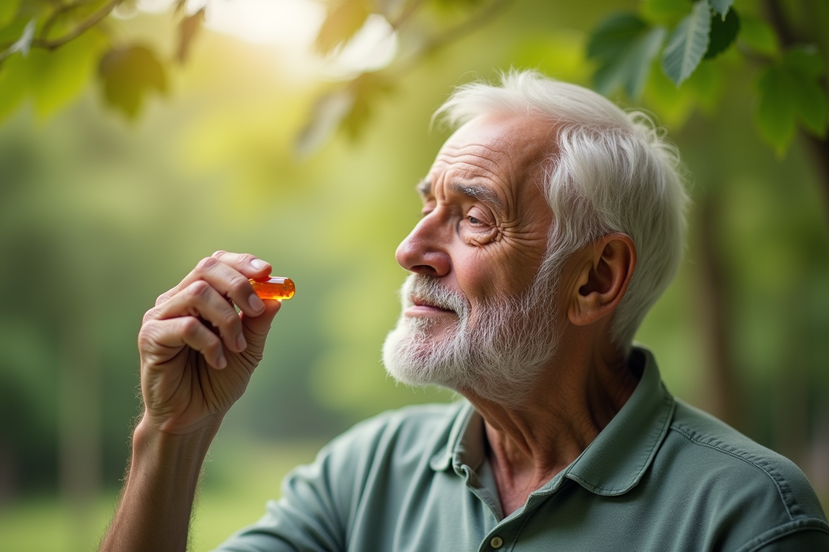 Homme âgé dans un parc prenant une capsule de vitamine C