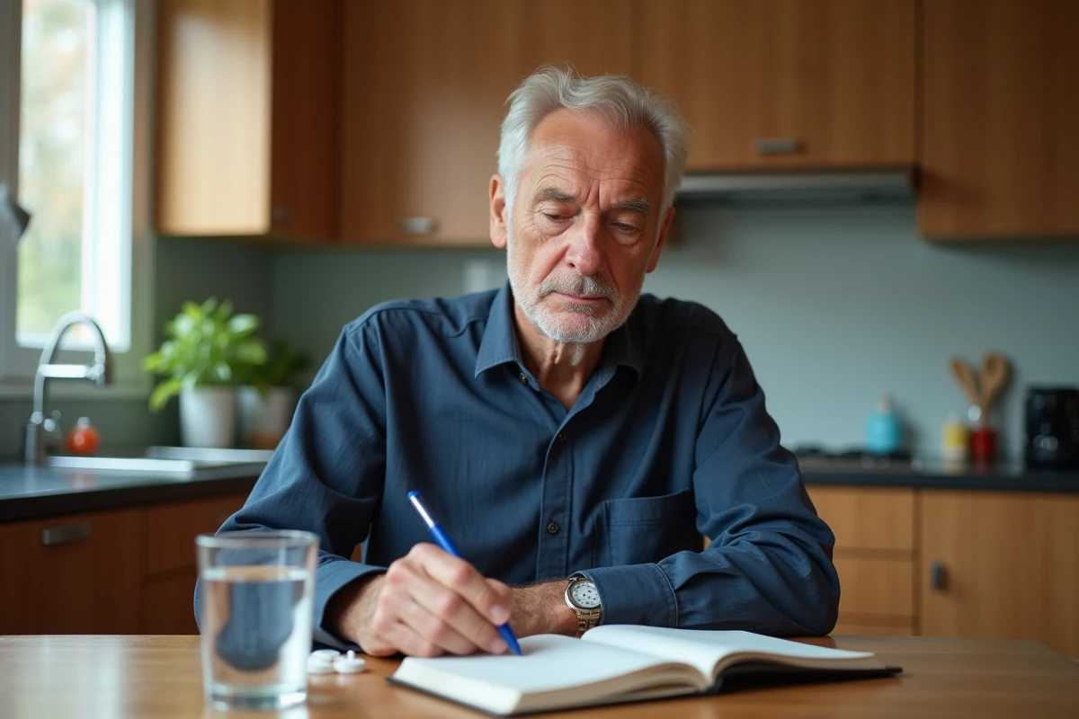 Homme âgé réfléchissant à ses options de traitement médical à sa table de cuisine avec un pilulier et un carnet de notes