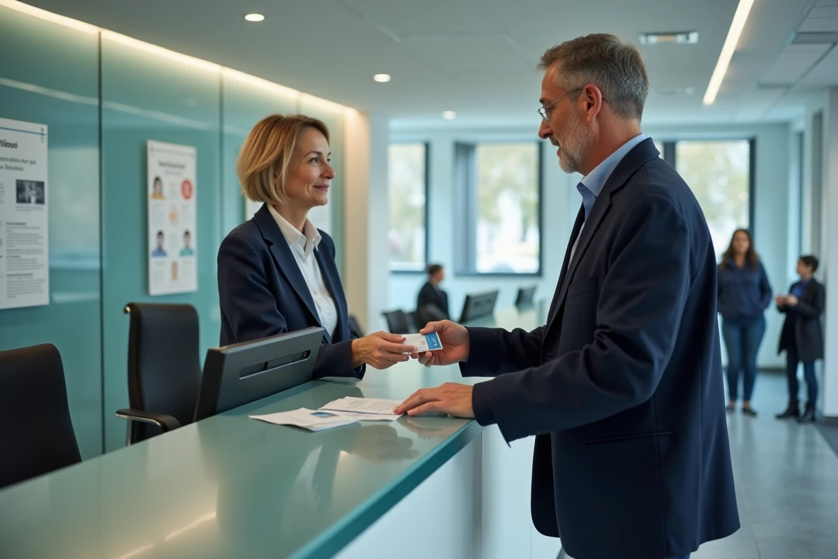 Homme remettant sa carte santé à une réceptionniste