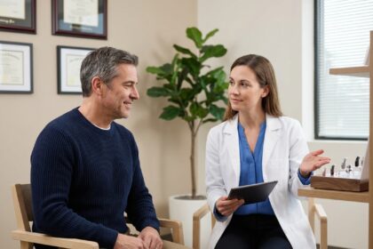 Homme d'âge moyen souriant en cabinet d'audiologie moderne