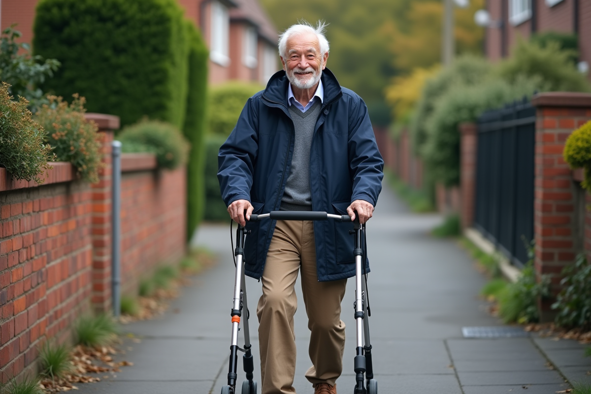 Homme âgé avec rollator sur un trottoir résidentiel