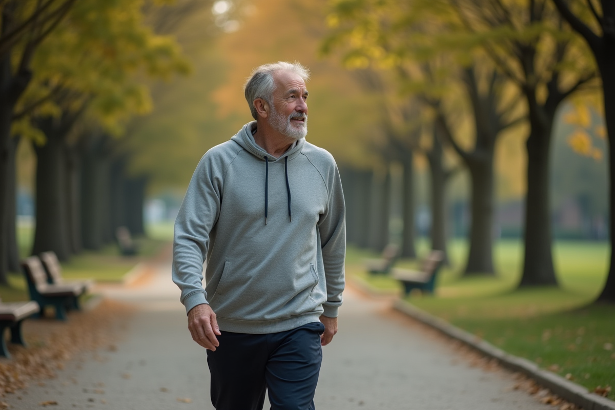 Homme marchant dans un parc calme et arboré