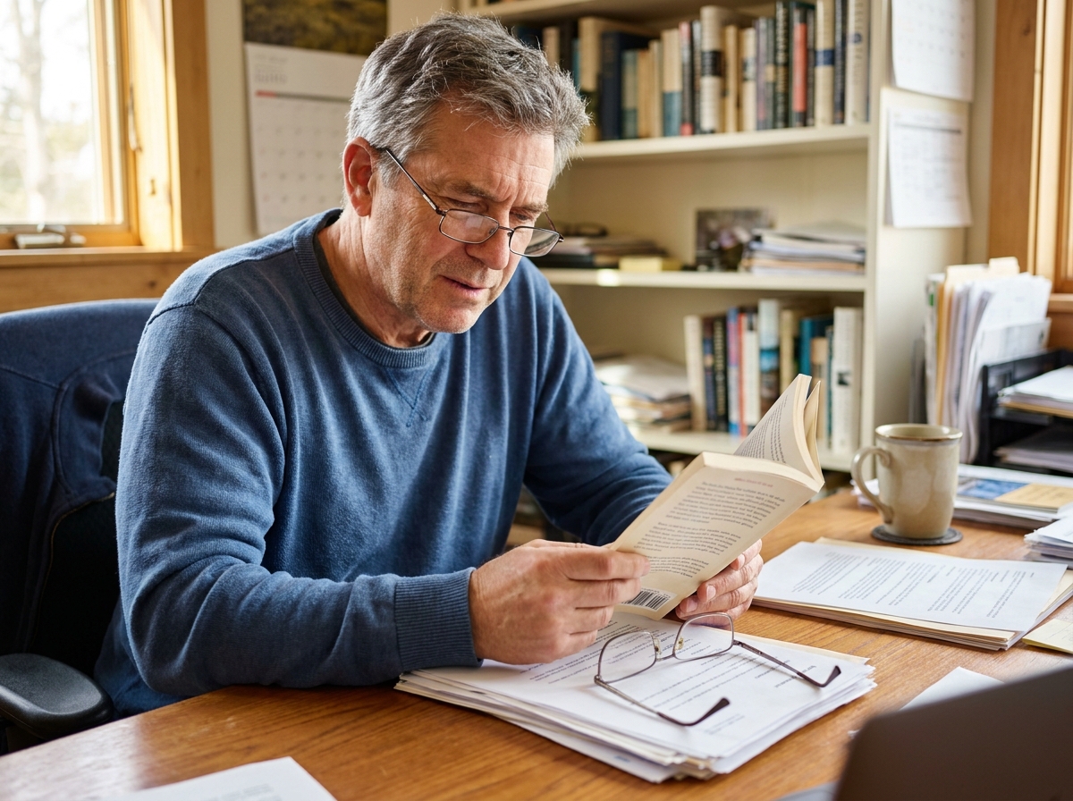 Homme d'âge mûr comparant deux paires de lunettes à son bureau pour améliorer son confort visuel lors de la lecture