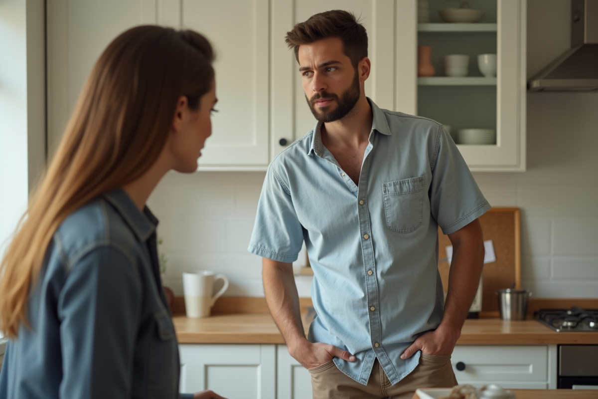 Homme attentif parlant avec sa partenaire dans la cuisine