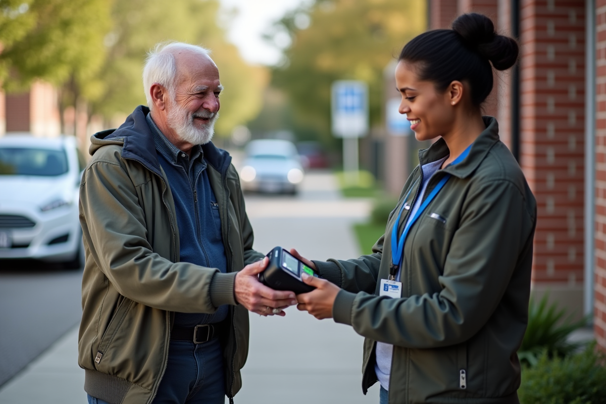 Homme âgé donnant un appareil médical à un technicien