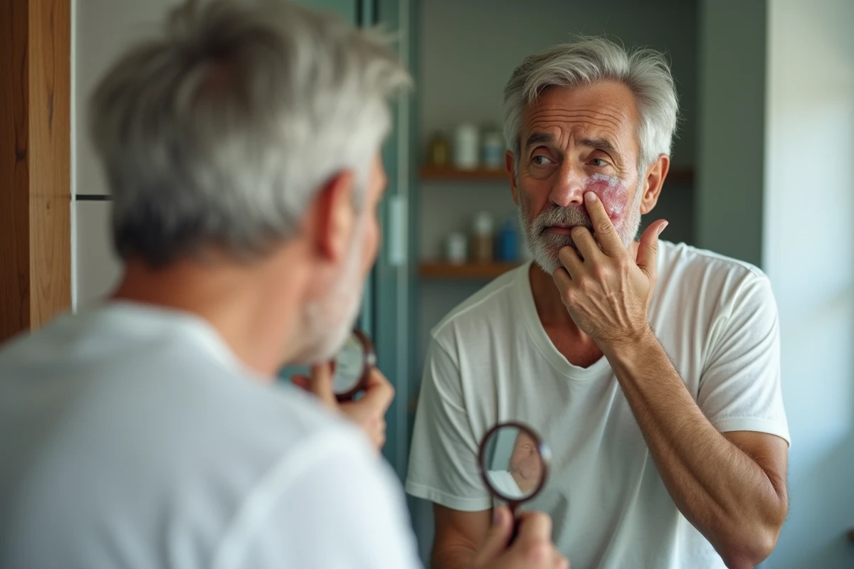 Homme examinant une zone de peau irritée sur son visage devant un miroir de salle de bain