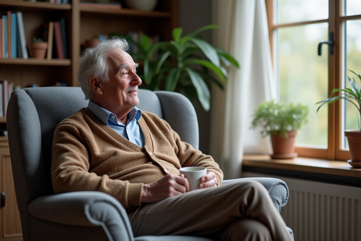 Homme âgé assis dans un fauteuil en regardant par la fenêtre