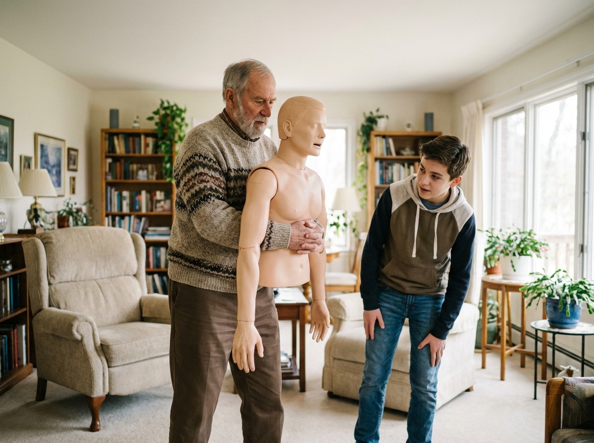 Homme âgé montrant la manœuvre de Heimlich à un adolescent dans le salon
