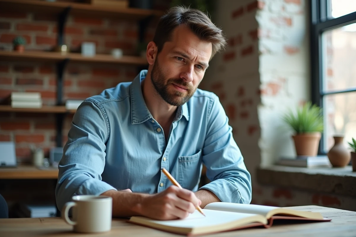 Homme écrivant dans un journal intime à son bureau pour gérer le stress et cultiver le bien-être mental