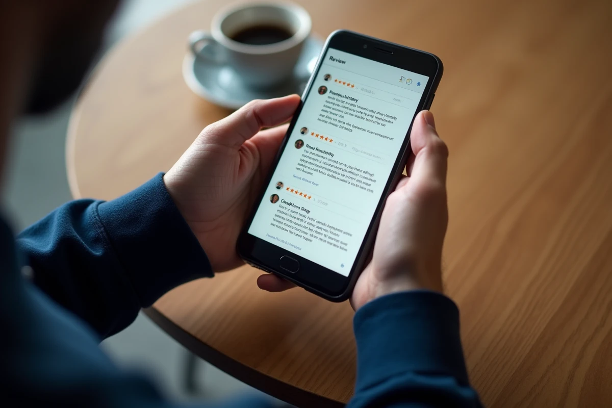 Homme lisant des témoignages sur smartphone pour évaluer la fiabilité des avis sur Reborn 21
