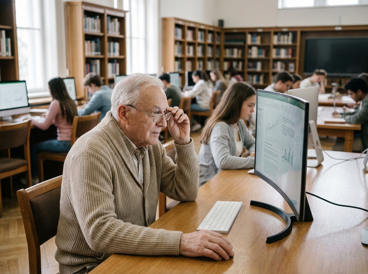 Homme âgé ajustant ses lunettes dans une bibliothèque lumineuse
