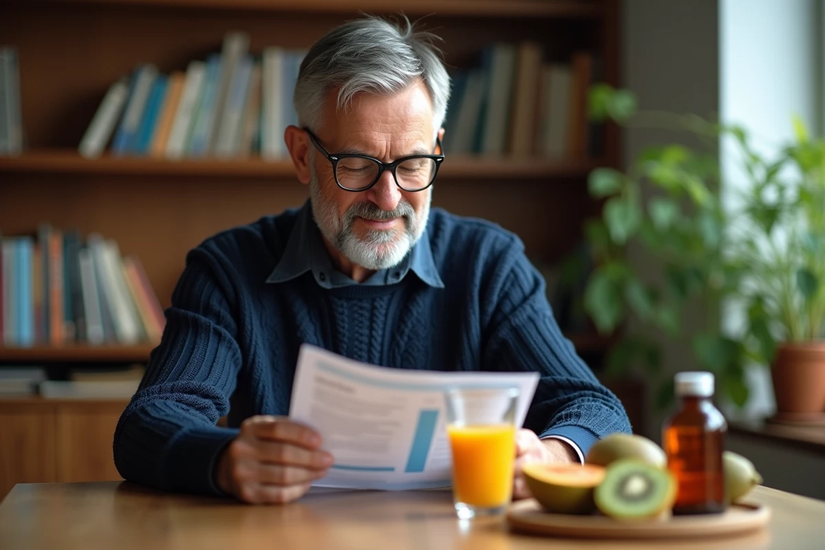 Homme lisant une fiche nutritionnelle sur la vitamine D avec des fruits frais et des compléments alimentaires sur la table