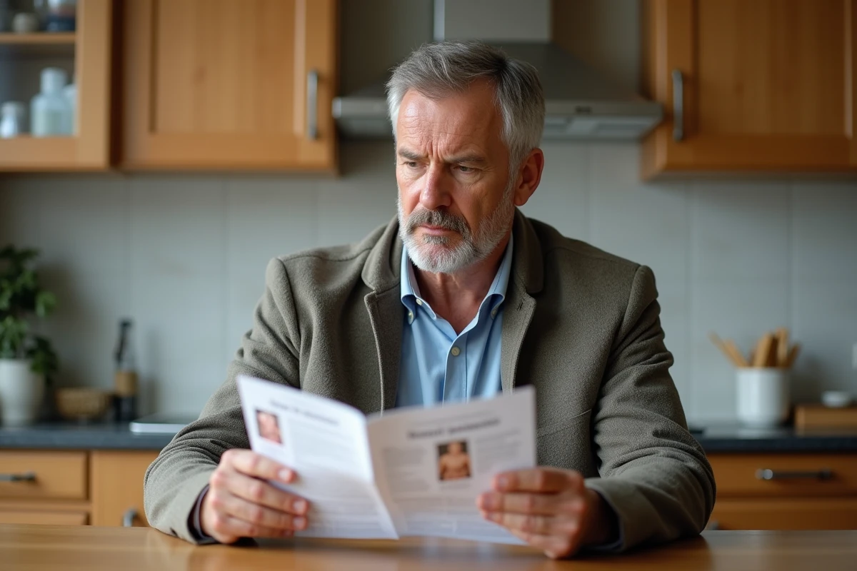 Homme à la maison lisant un pamphlet médical