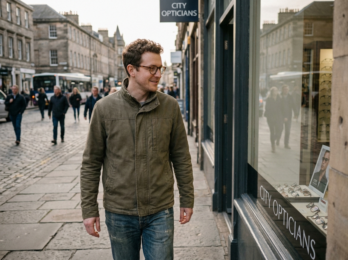 Homme portant des lunettes de vue quotidiennes devant la vitrine d'un opticien en centre-ville animé