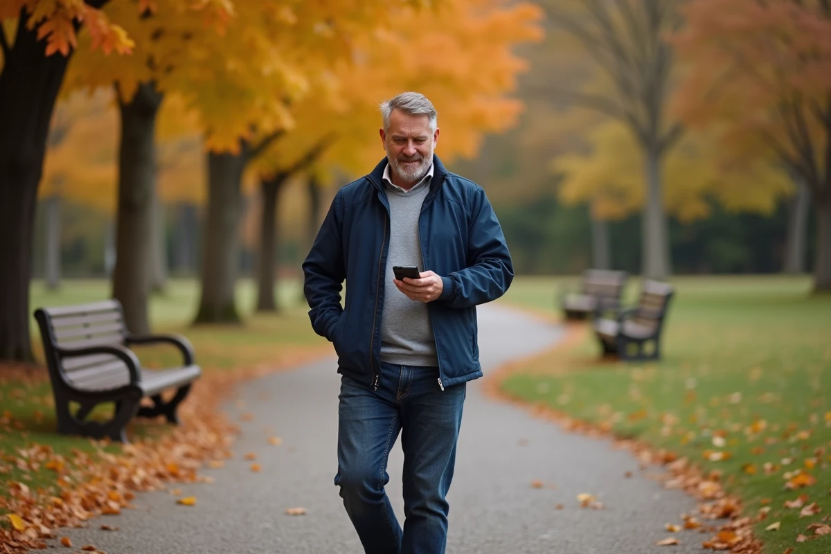 Homme marchant dans un parc en automne avec une application de comptage de pas sur smartphone pour atteindre 10000 pas