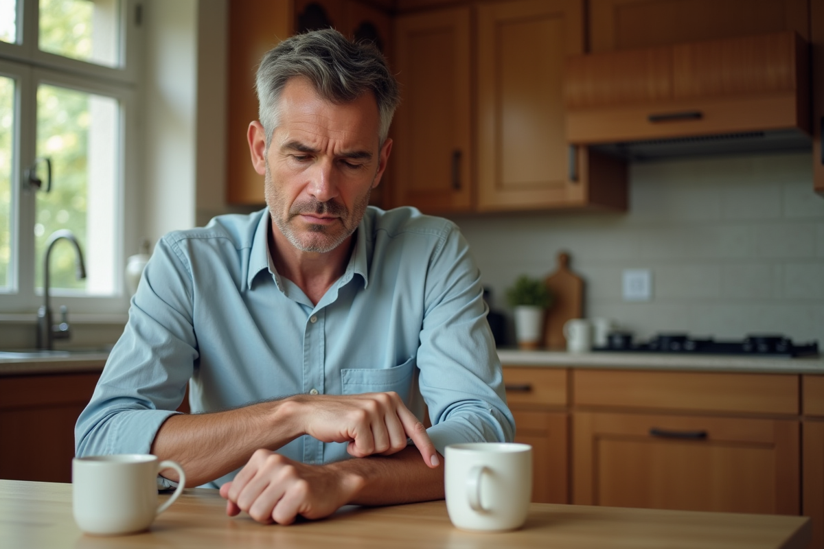 Homme middleaged se massant le poignet en cuisine