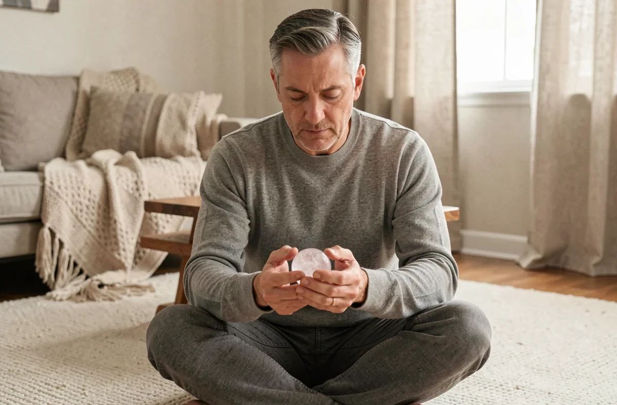 Homme hypersensible en méditation sensorielle avec une worry stone en quartz rose posée entre ses doigts, assis sur un tapis en laine dans un salon apaisant