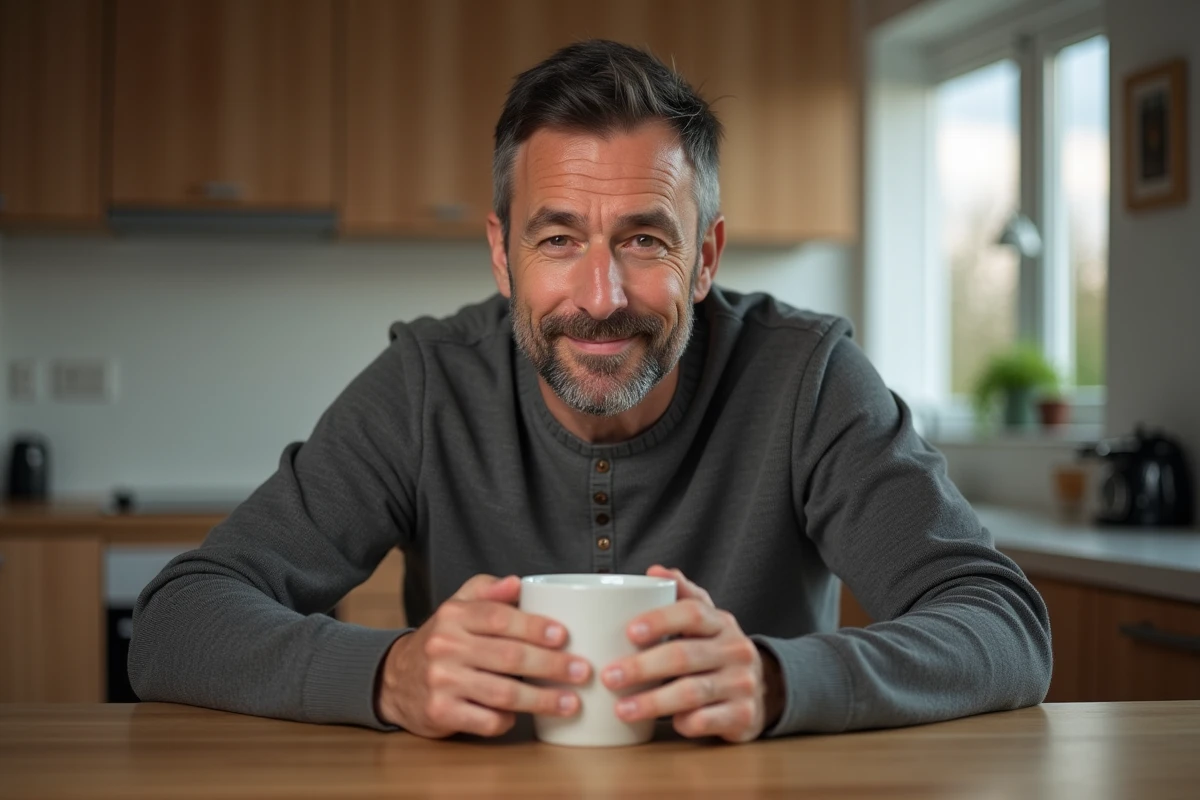 Homme se réchauffant avec une tasse dans une cuisine chaleureuse