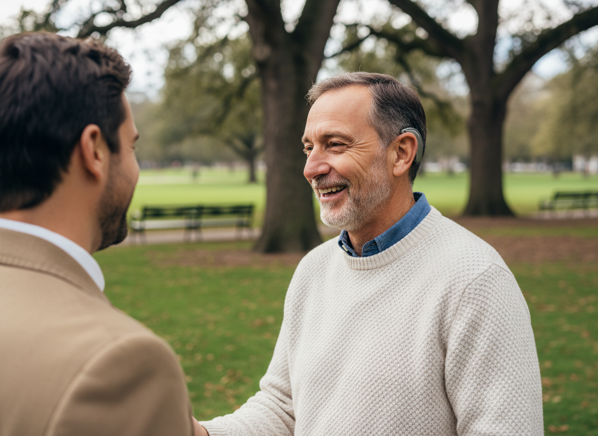 Homme de 58 ans parlant avec un ami en plein air