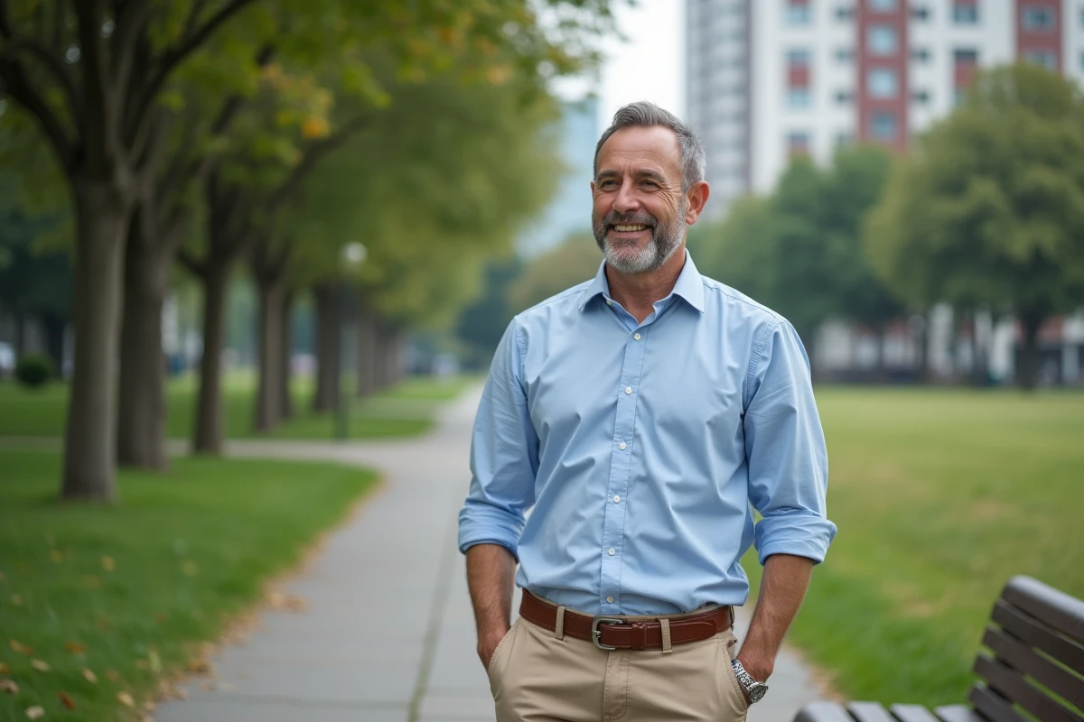 Homme souriant dans un parc urbain au printemps