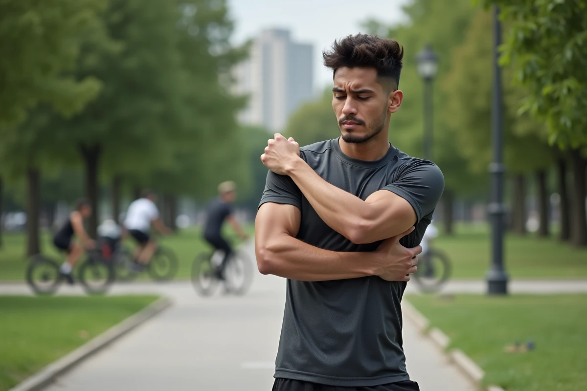 Homme en plein jogging s’étire dans un parc urbain