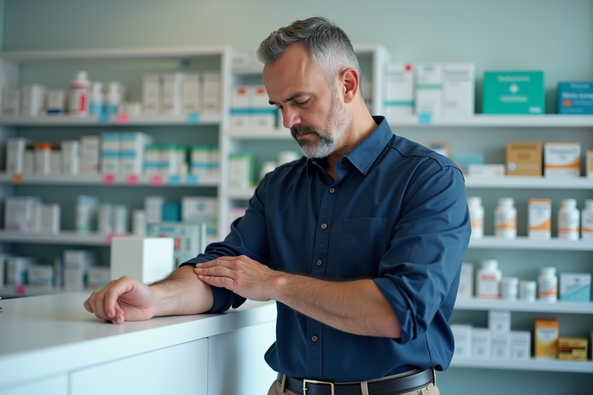 Homme examinant son bras dans une pharmacie