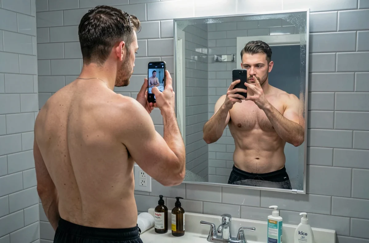 Homme prenant une photo miroir de lui-même dans une salle de bain pour documenter une transformation physique avec des compléments