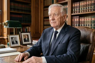 Portrait d'un homme politique français âgé assis dans un bureau parisien classique, exprimant calme et dignité