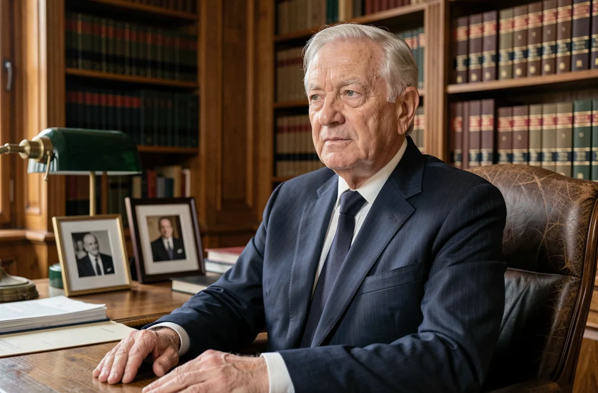 Portrait d'un homme politique français âgé assis dans un bureau parisien classique, exprimant calme et dignité