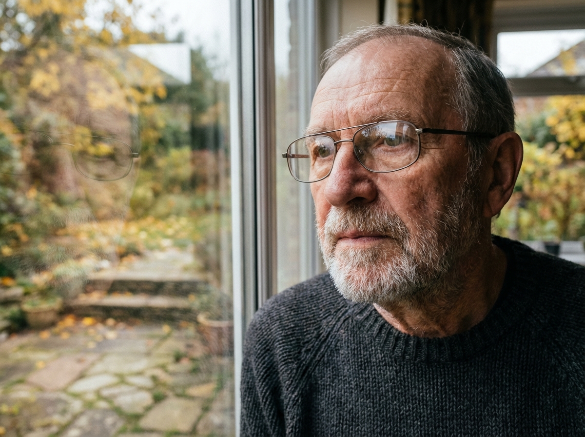Homme âgé regardant par la fenêtre dans un jardin