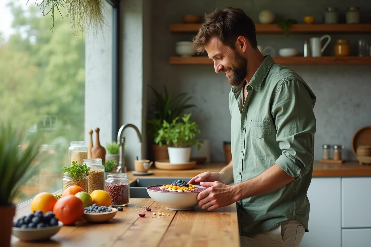 Homme préparant un bol açaï santé dans une cuisine moderne et naturelle pour un mode de vie équilibré