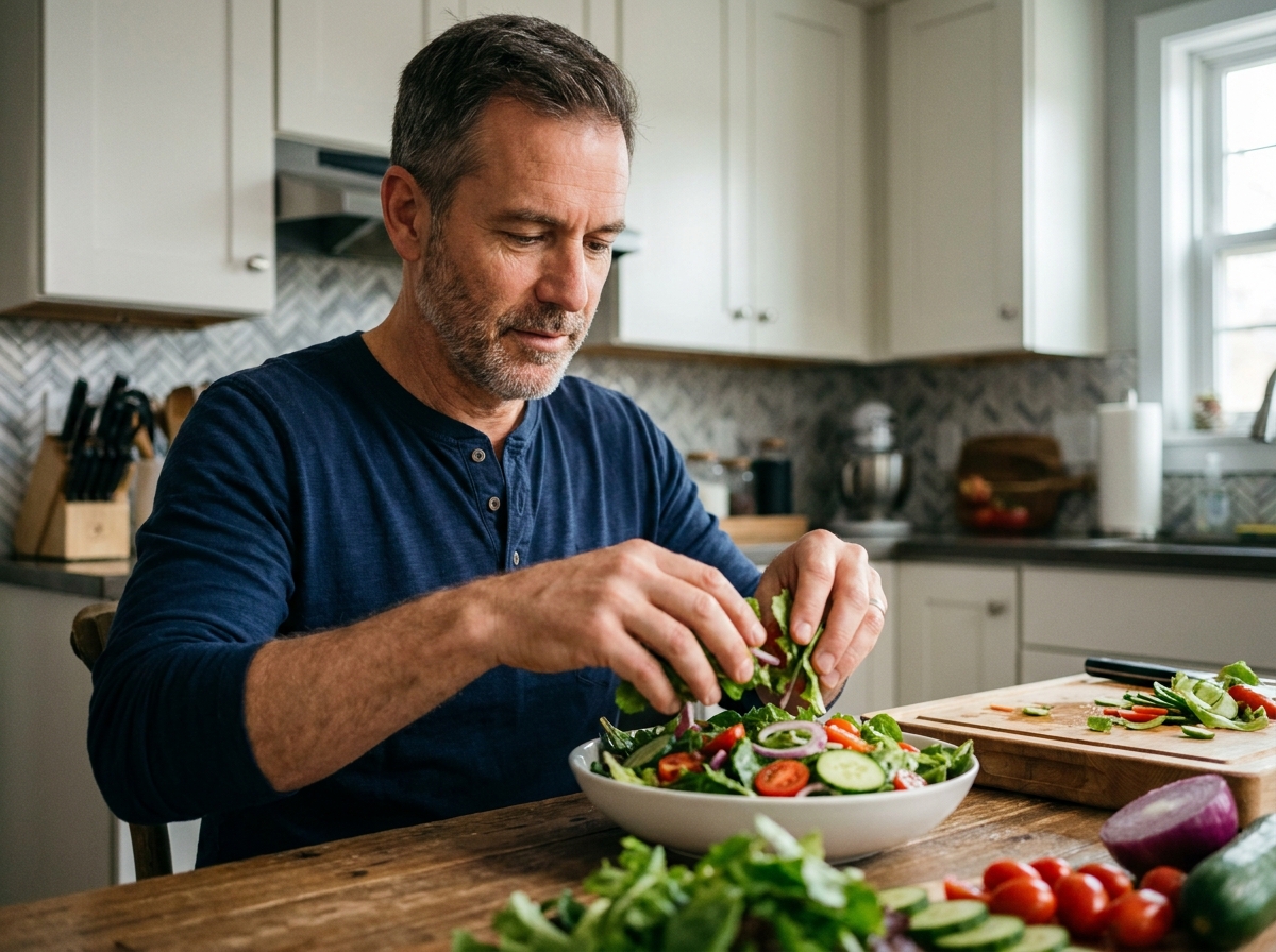 Homme de 52 ans préparant une salade fraîche dans sa cuisine, adoptant une alimentation saine après avoir arrêté de fumer