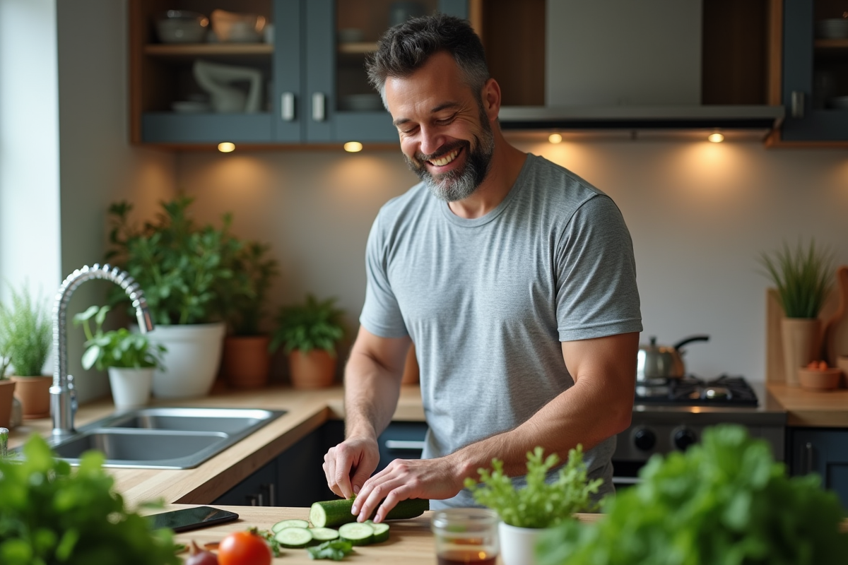 Homme en train de préparer une salade dans une cuisine moderne