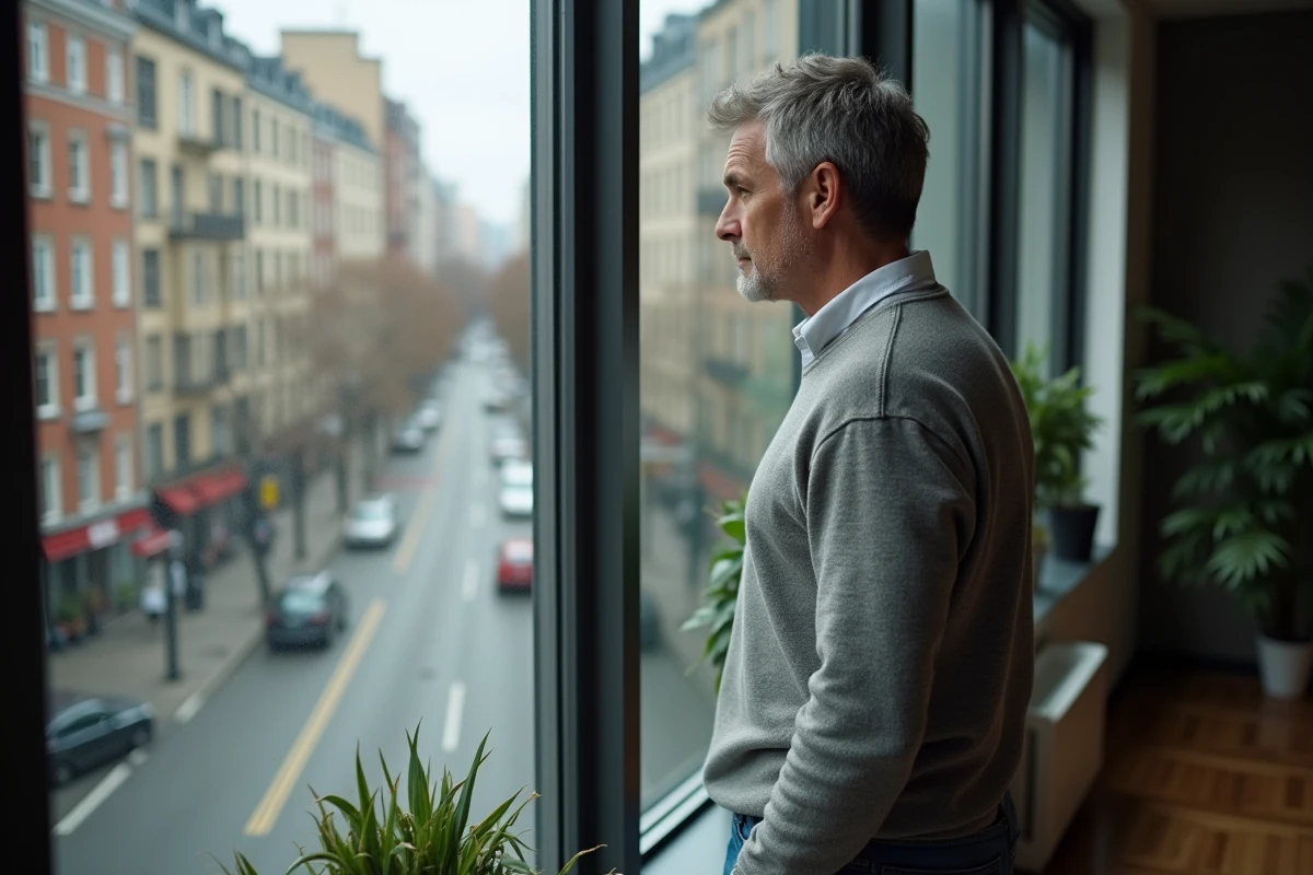 Homme regardant par la fenêtre dans un appartement moderne