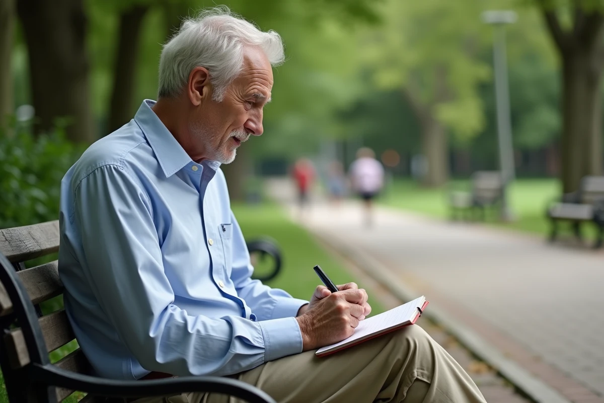 Homme âgé écrivant dans un journal dans un parc urbain
