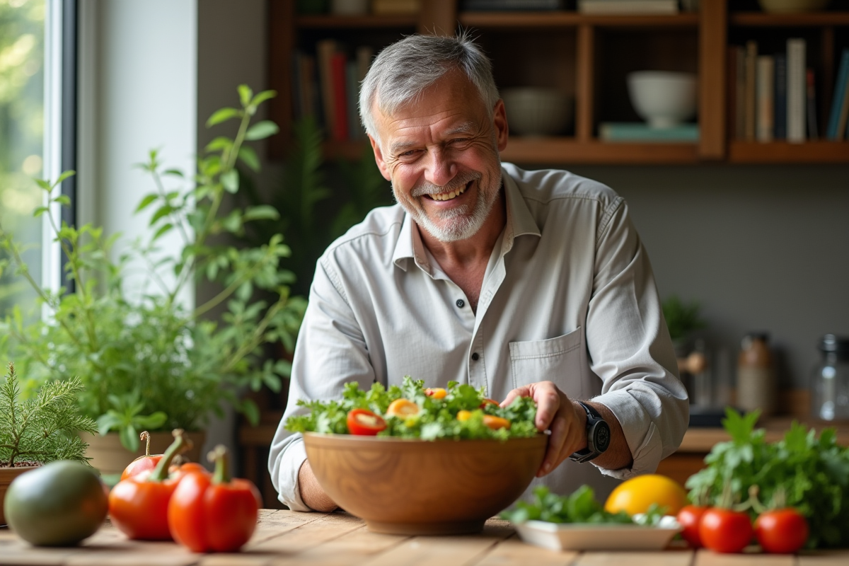 Homme préparant une salade colorée à la maison
