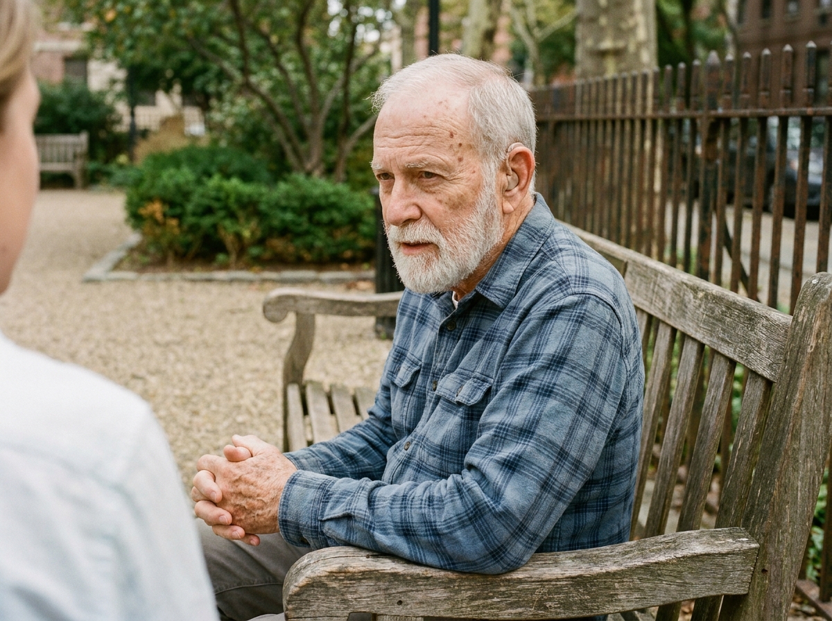 Homme âgé portant un appareil auditif dans l'oreille, assis sur un banc de parc en écoutant attentivement une conversation