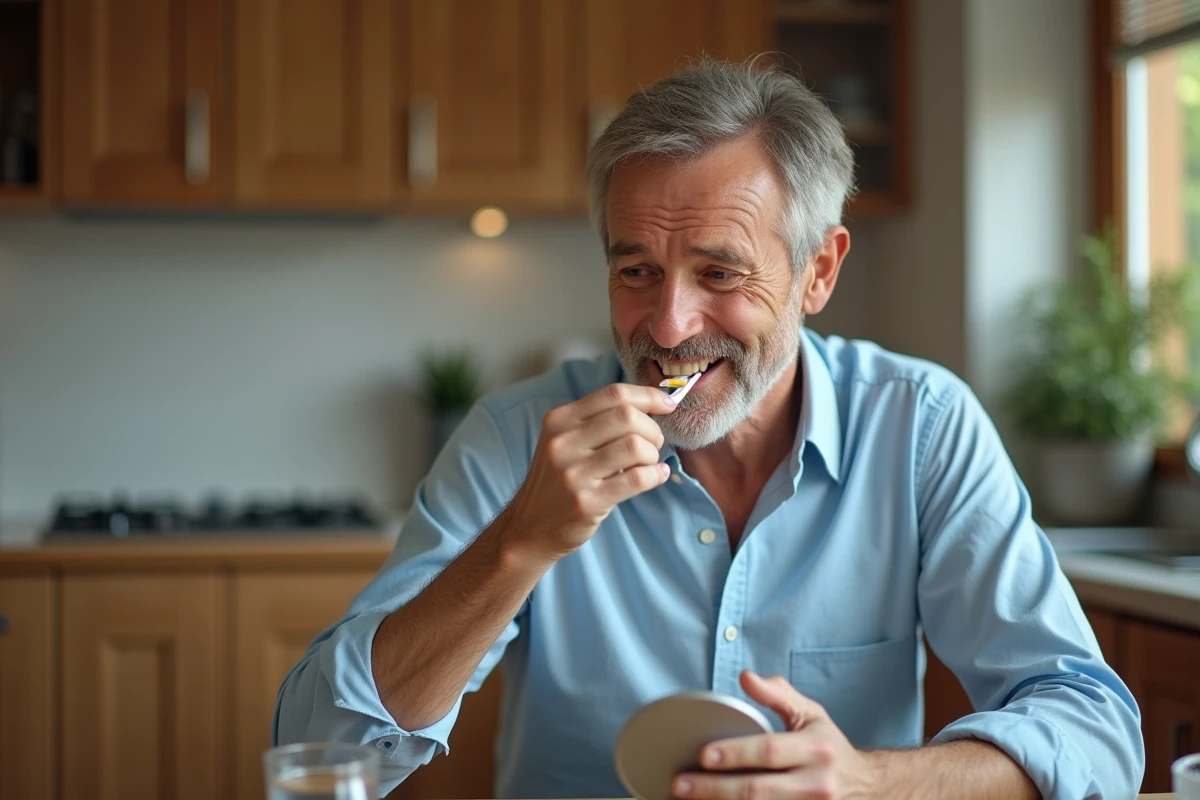 Homme examinant ses dents avec un miroir dans la cuisine