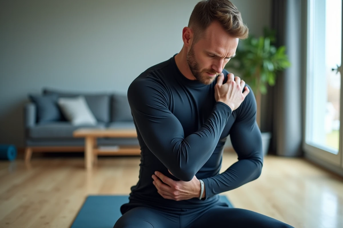 Homme sportif se massant l'aisselle gauche douloureuse sur un tapis de yoga à domicile après l'effort