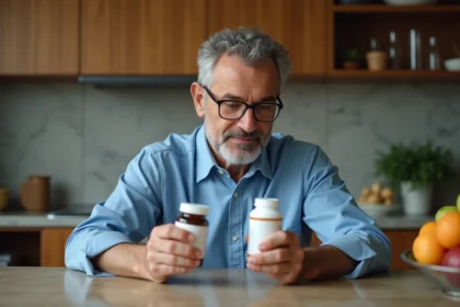 Homme d'âge moyen examinant des compléments alimentaires à la cuisine