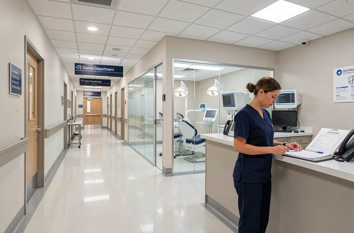 Couloir du service dentaire de l'Hôpital Privé Océane Elsan avec espace de soins moderne et professionnel