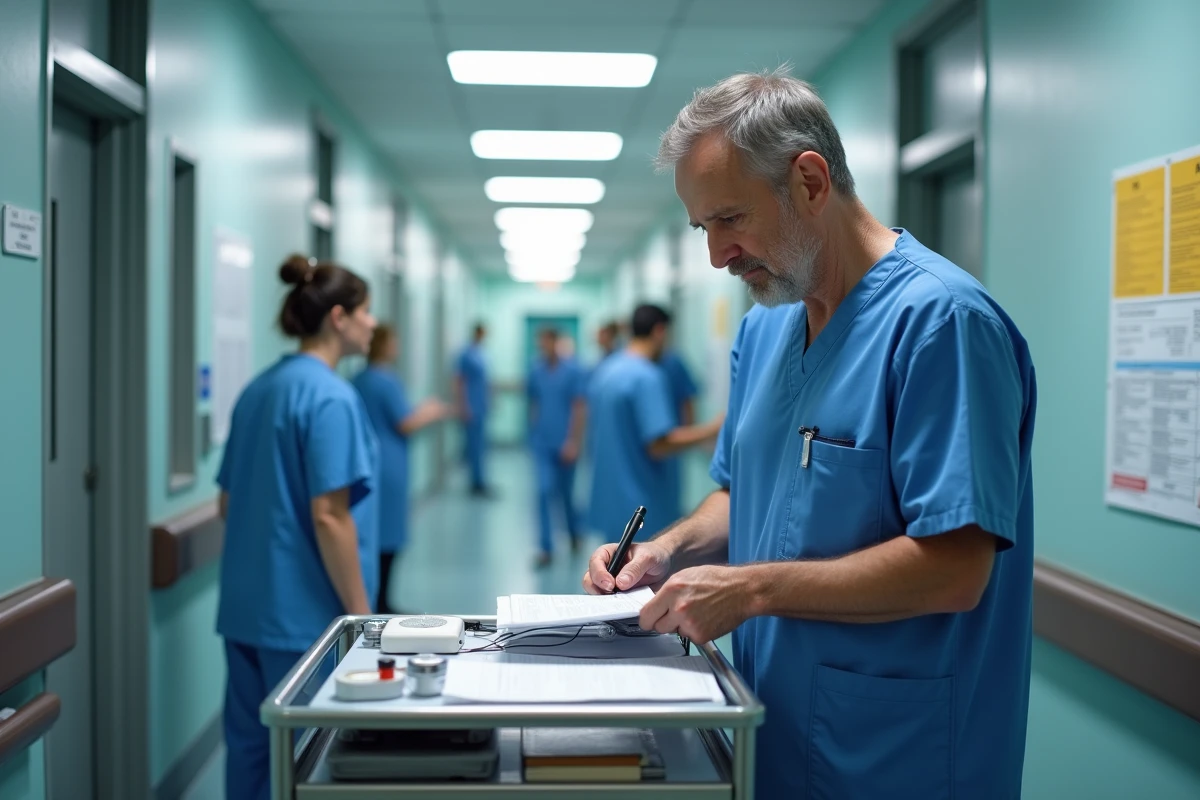 Infirmier en blouse bleue préparant matériel dans couloir de clinique
