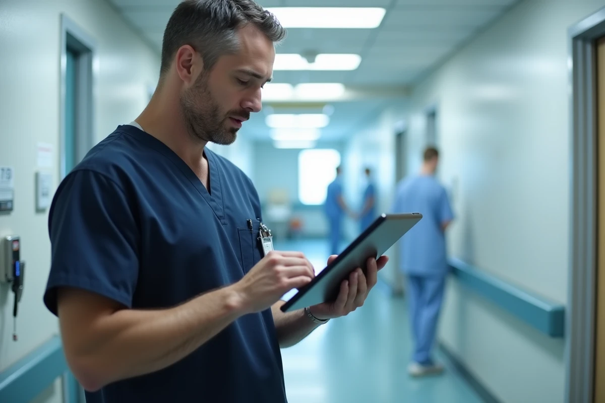Infirmier consultant NETSoins sur une tablette dans un couloir d'hôpital